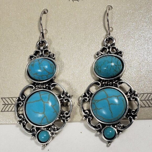 Women's Stylish Silver-tone  Filigree Turquoise color Stone Teardrop Earrings - Picture 3 of 8